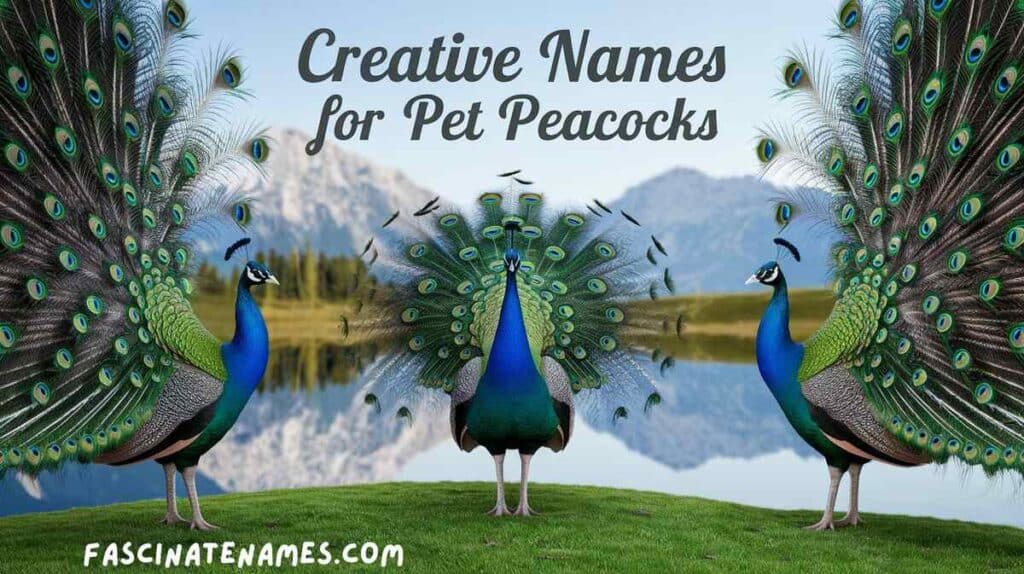 A group of peacocks showcasing their stunning feathers, each adorned with imaginative names in a lush environment.