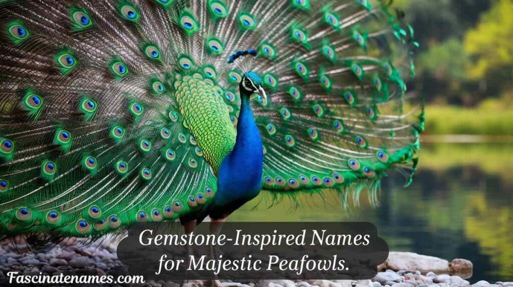 A vibrant peacock displaying its feathers, inspired by the colors of various gemstones, showcasing elegance and majesty.