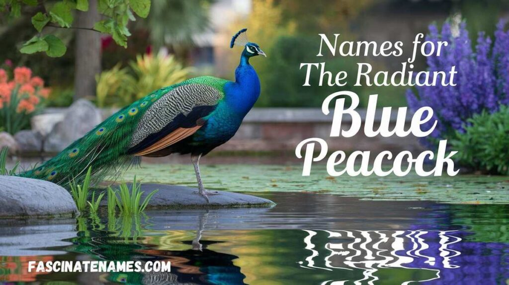 A vibrant blue peacock displaying its feathers, symbolizing beauty and elegance, with suggested names for this majestic bird.