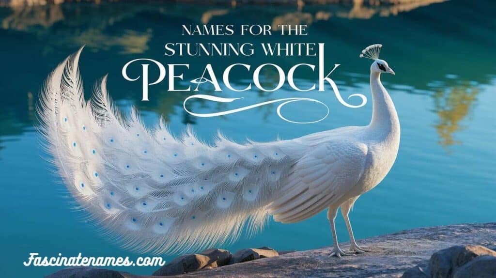 A white peacock displaying its feathers, symbolizing elegance and beauty, with a focus on its unique plumage.