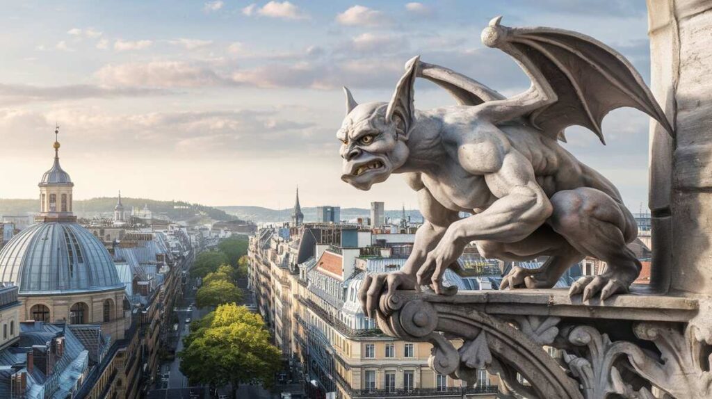 Gargoyles perched on a Parisian rooftop, adding a gothic touch to the city's iconic skyline.