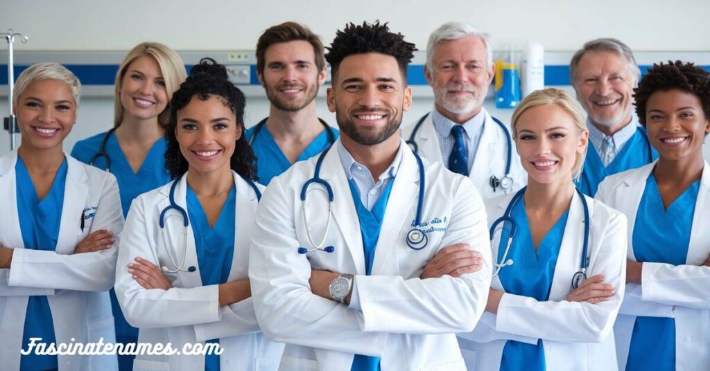 A diverse group of doctors in scrubs standing together in a hospital corridor, smiling and ready to help patients.