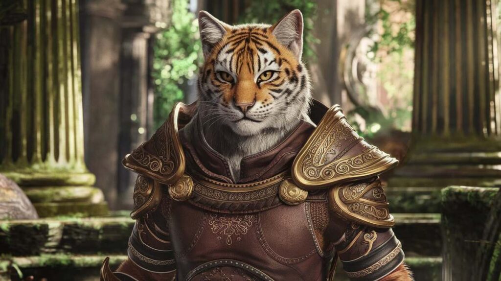A khajiit tiger in shining armor stands proudly in a lush forest, blending strength with the beauty of nature.
