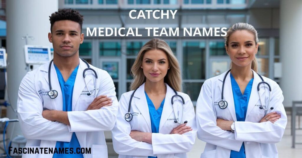 A creative collage of catchy name for medical teams, showcasing teamwork and innovation in healthcare.