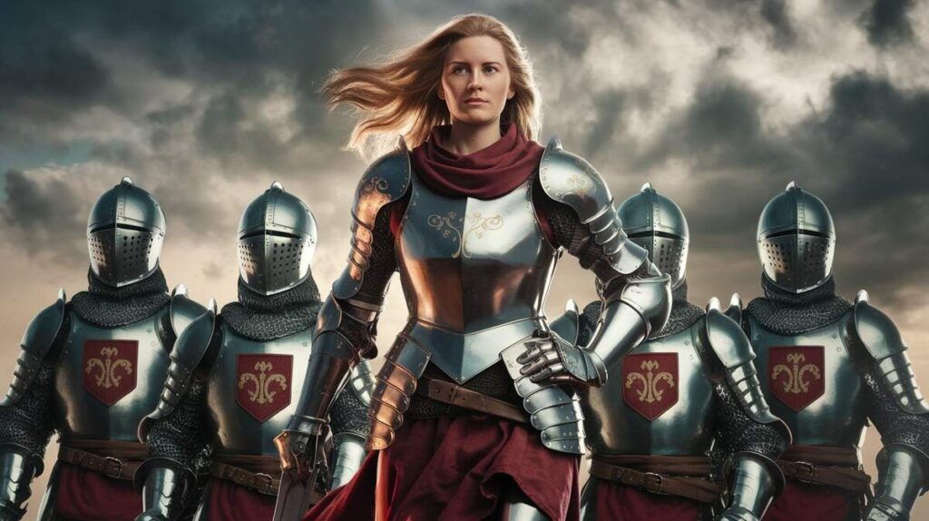 Dramatic movie poster of a knight in shining armor, ready for battle, with the iconic round table in the background.