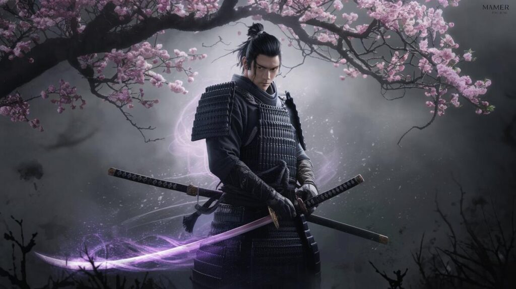 A samurai stands proudly, wielding a striking purple sword surrounded by vibrant purple flowers.