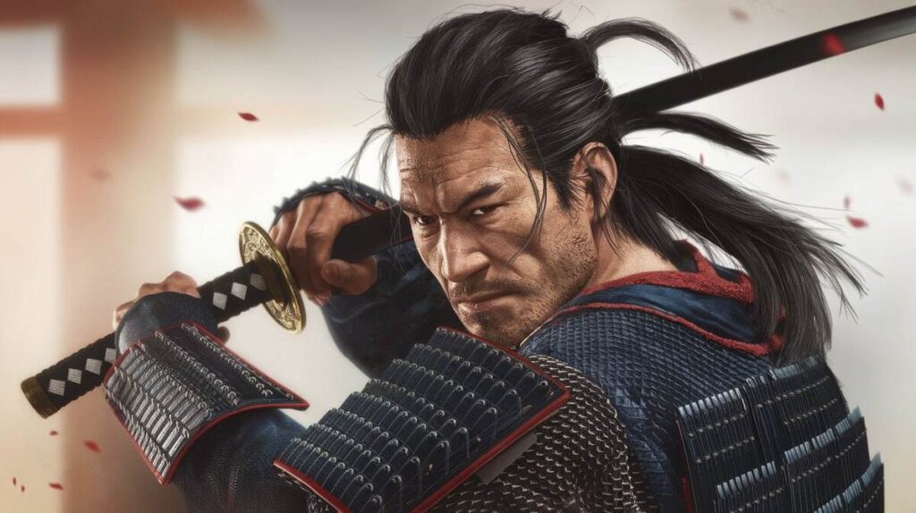A samurai warrior stands confidently, holding two swords in front, ready for battle with a fierce expression.