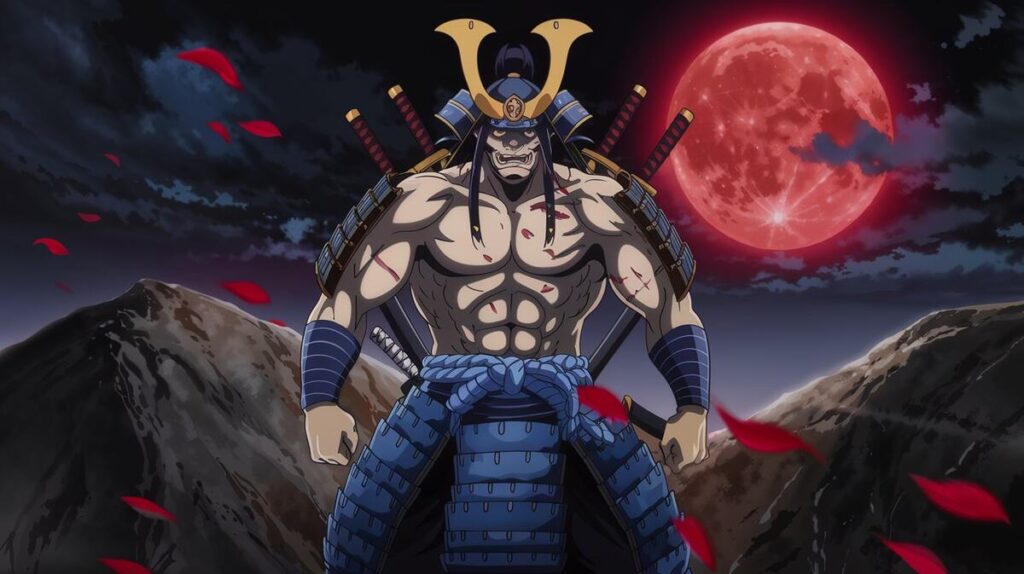 Anime samurai stands boldly with a striking red moon glowing in the background, creating a dramatic and mystical scene.