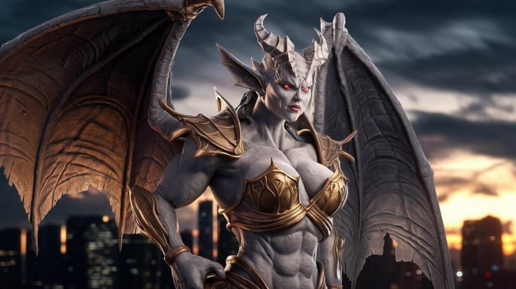 A powerful female demon with large wings and a robust body, exuding an aura of strength and mystique.