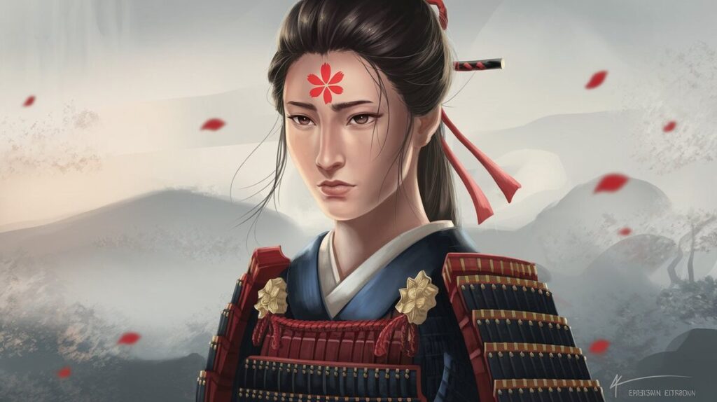 A woman in striking samurai armor adorned with vibrant red flowers, showcasing strength and beauty in a unique blend.