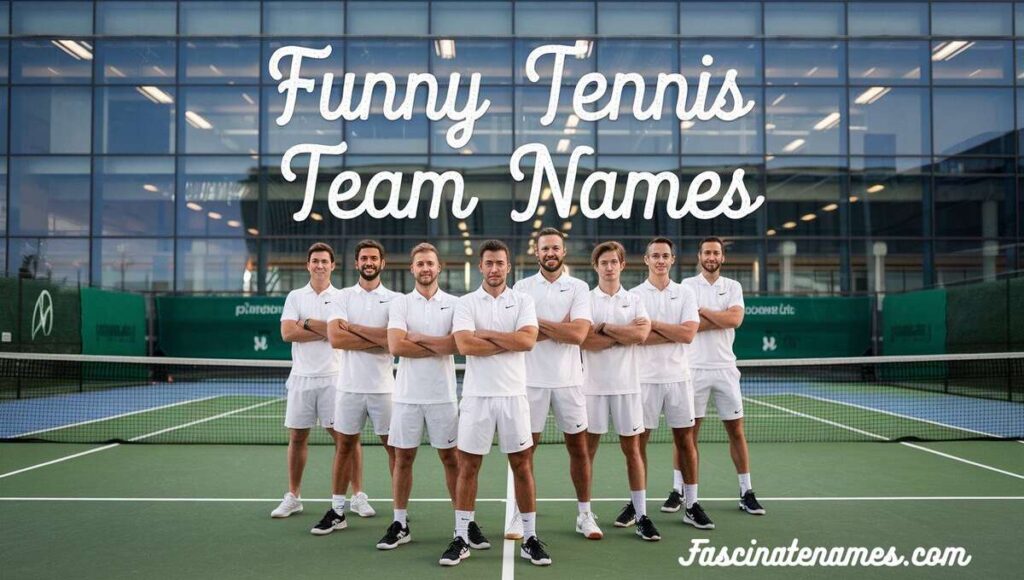 A collage of creative and humorous tennis team displayed on colorful backgrounds, showcasing fun and team spirit.