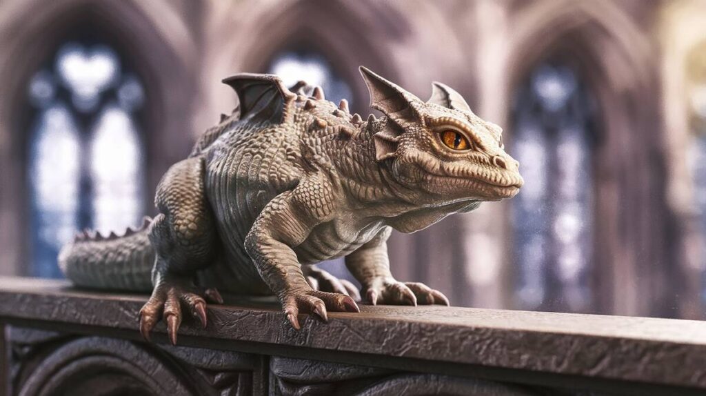  A small dragon perched on a ledge, looking curiously at its surroundings with bright, sparkling eyes.