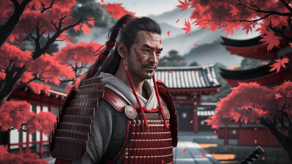 A samurai in striking red and white armor stands proudly before vibrant red trees, embodying strength and tradition.