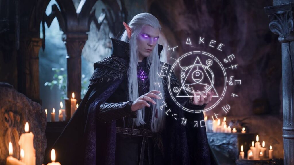 A male elf with striking purple hair stands confidently, holding a gleaming sword in her hand.