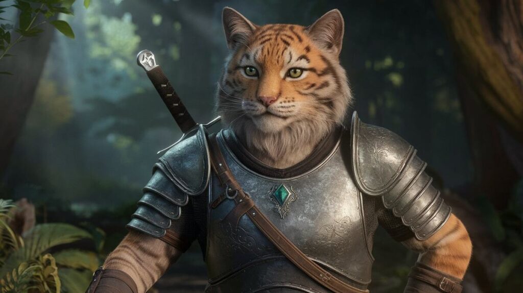 A Khajiit character from The Elder Scrolls Online, showcasing unique armor and a mystical background in a vibrant setting.
