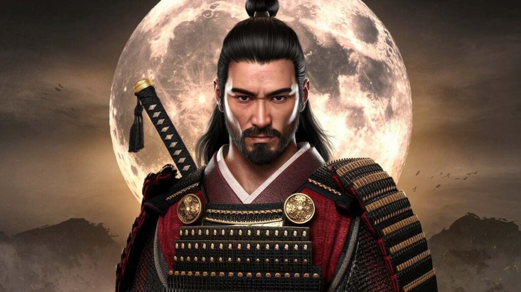 A samurai in full armor stands proudly in front of a traditional building, showcasing strength and honor.