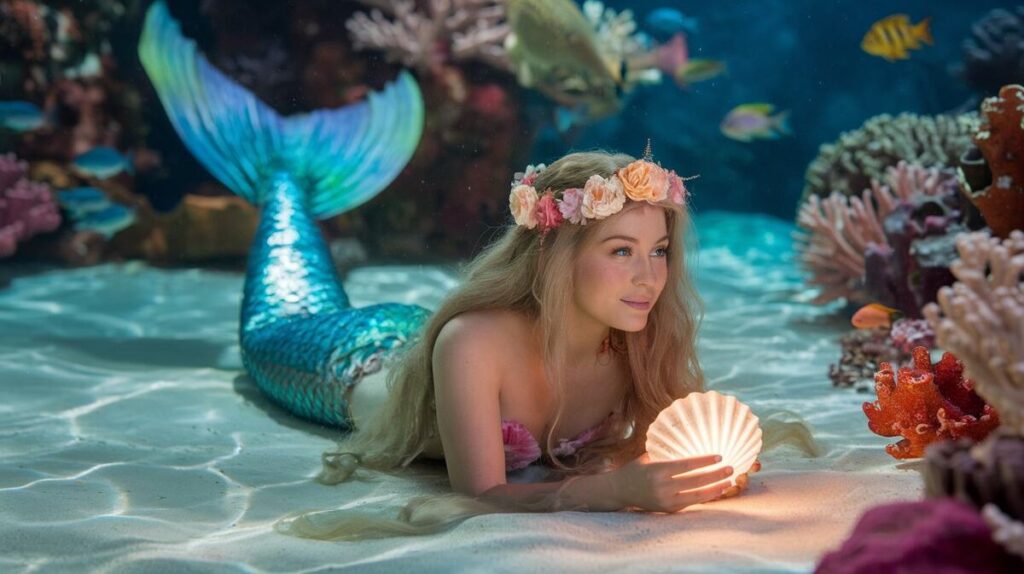 A stunning mermaid with flowing hair, adorned with a shimmering shell, gracefully swims through the ocean waves.