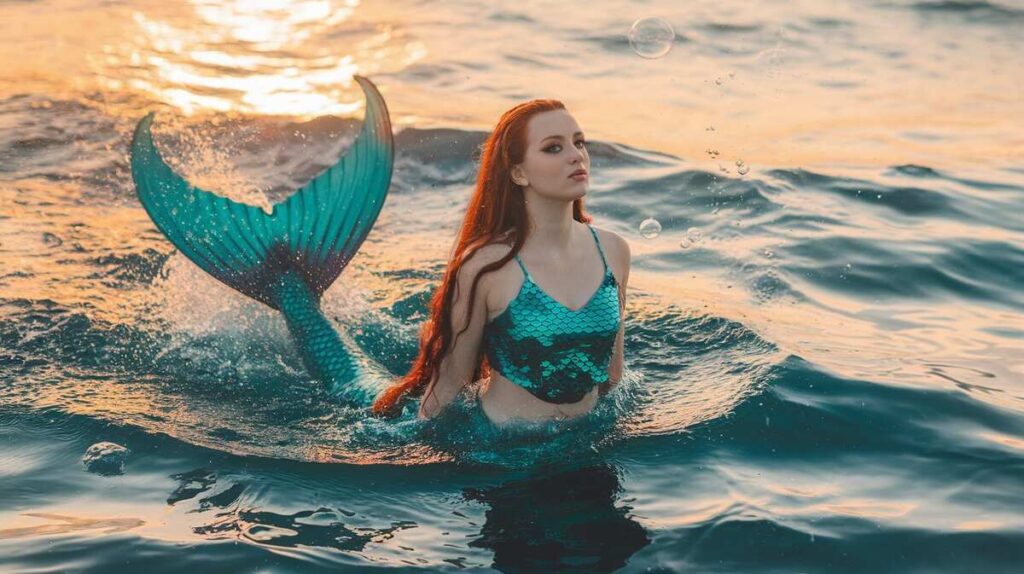 A woman with long red hair and a shimmering mermaid tail swims gracefully in the ocean waves.
