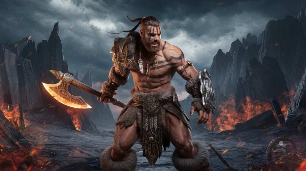 A video game character stands confidently in front of a roaring fire, casting a warm glow on their determined face.