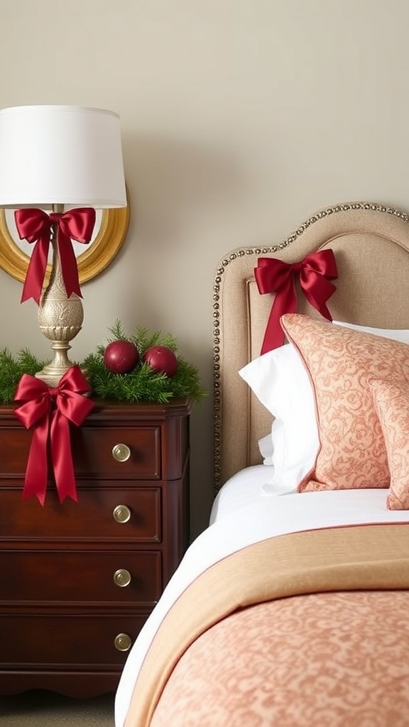 Cozy Christmas bedroom with tartan bedding and warm holiday decor