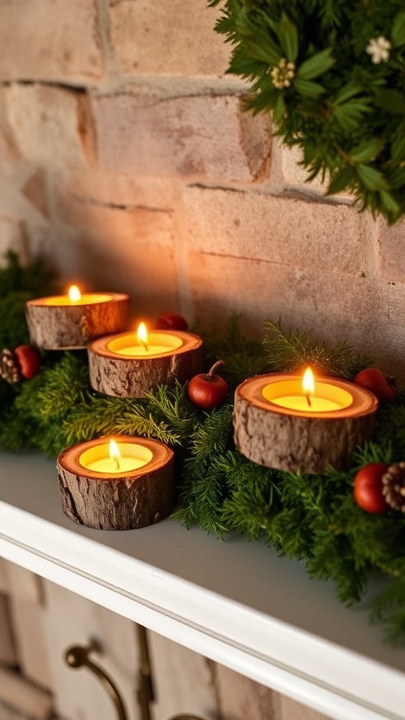 Natural Christmas decor with pinecones, greenery, wood elements, and rustic holiday accents