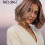 Voluminous winter brunette hair with smoky walnut and mushroom lowlights, face-framing layers.