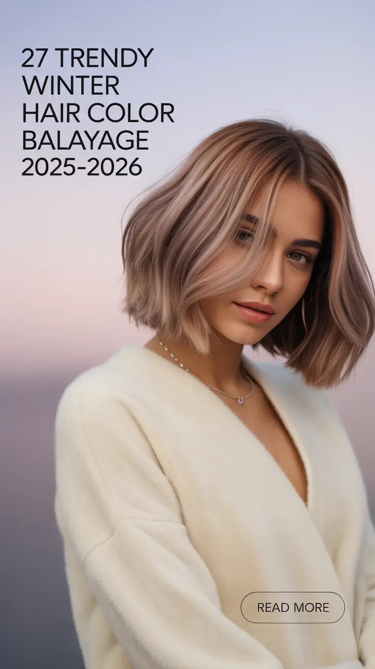 Voluminous winter brunette hair with smoky walnut and mushroom lowlights, face-framing layers.