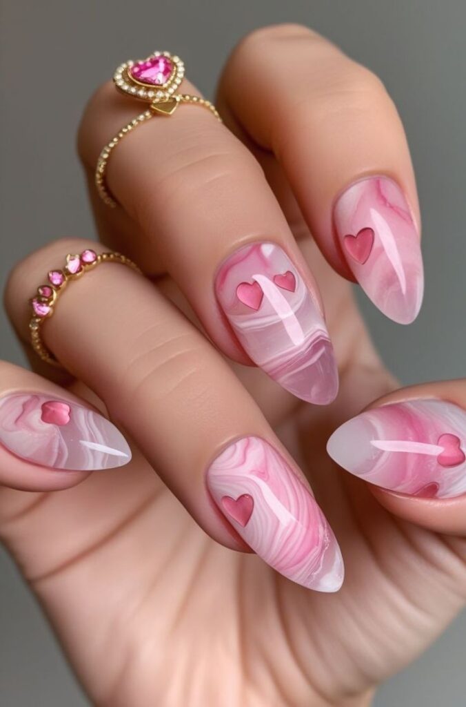 romantic valentine nail art with hearts