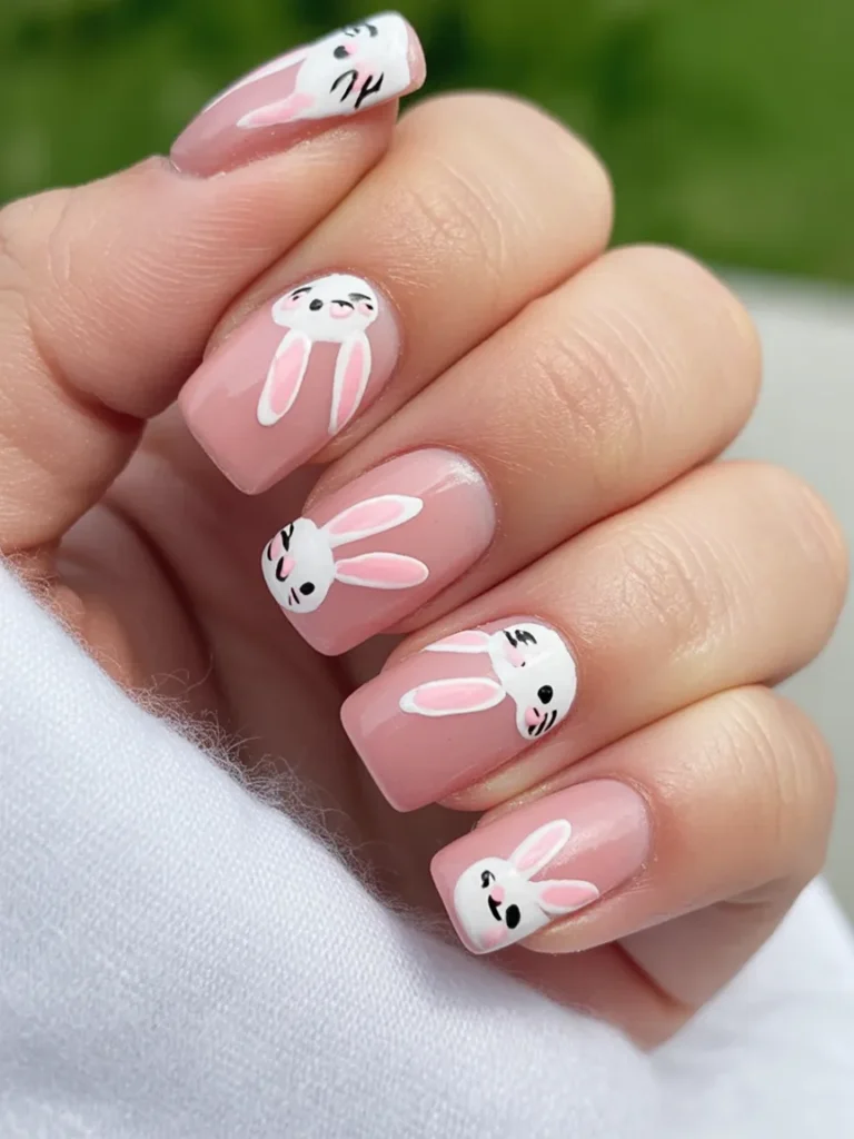 Pink almond funny bunny nails 2026 with glitter and French tip design