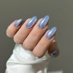 Blue chrome summer nails with metallic shine